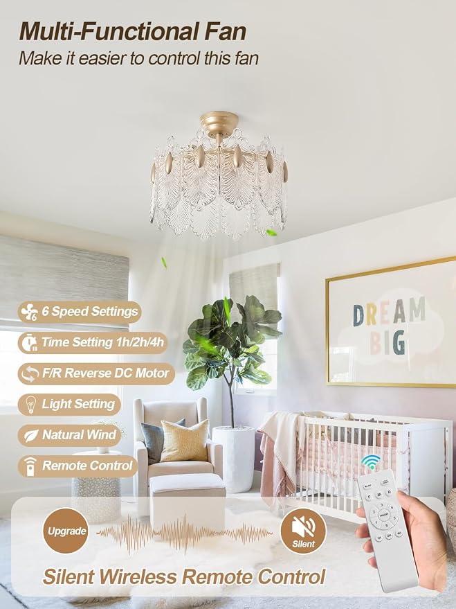 20 Inch Gold Crystal Fandelier Ceiling Fan with Light, Mid Century Gold Fandelier Ceiling Fans with Lights Remote Control, French Country Chandelier with 6 Speeds for Bedroom, Nursery, Living Room