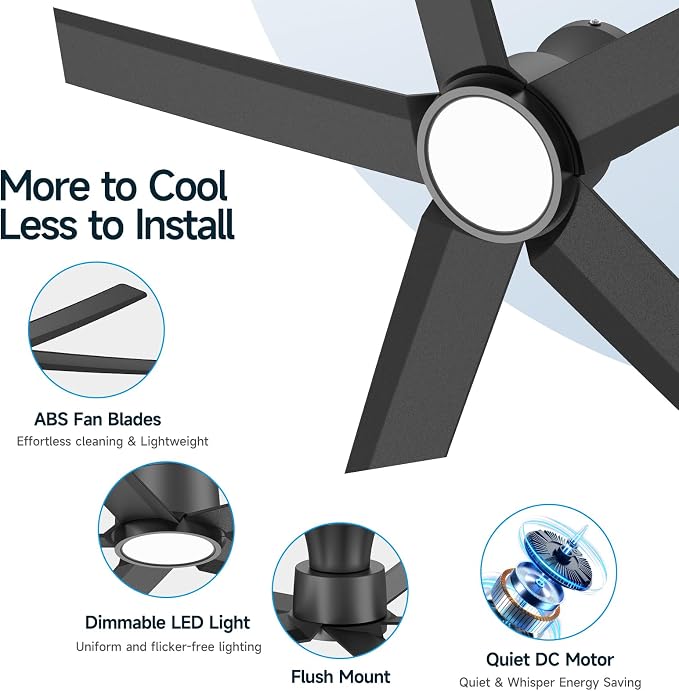 ocioc 52 inch Ceiling Fans with Lights, Large Air Volume Ceiling Fans with Reversible Quiet DC Motor and Remote（Black）