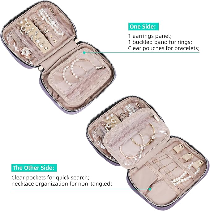 NISHEL Travel Jewelry Case Organizer, Tangle-Free Necklace Storage Bag | Stores rings, earrings, bracelets and watches in a compact case for travel, vacations and daily use, Purple, Small