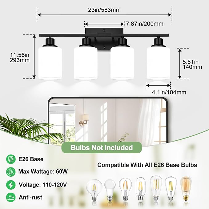 Indoi 4-Light Bathroom Light Fixtures, Matte Black Modern Vanity Lights with Milky White Shades, Bathroom Wall Lamp for Mirror Living Room Cabinet Bedroom Porch