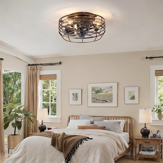 Farmhouse Caged Ceiling Fan with Light, Remote Control Flush Mount Fan Lights Ceiling Fixtures 12 In, 6 Speeds Bladeless Quiet Reversible Motor Indooor Lights for Living Room, Bedroom, Black and Gold
