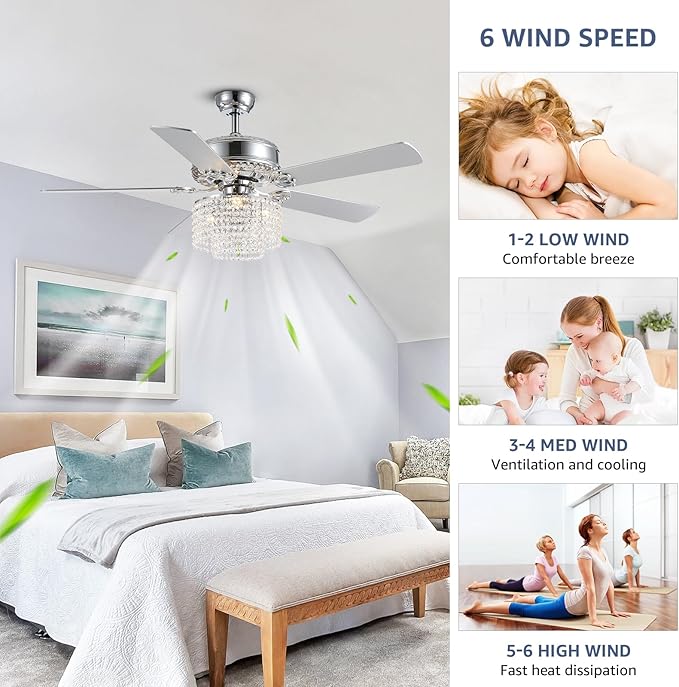 52 Inch Crystal Ceiling Fan with Light and Remote Control, Modern Chandelier Fan with 5 Reversible Wood Blades Chrome Fandelier for Living Room Bedroom (Fine line Crystal-Ceiling Fan)