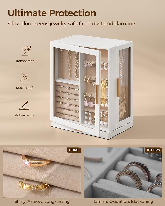 Glimmloop 360° Rotating Jewelry Box with 5 Drawers, Spacious Vertical Jewelry Organizer with Glass Window, Jewelry Storage Case, Dustproof & Moisture-resistant Design, White