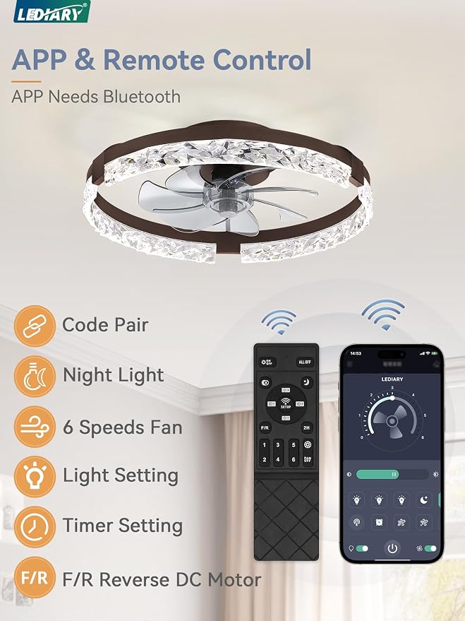 LEDIARY 20 Inch Low Profile Ceiling Fans with Lights and Remote, Fandelier Ceiling Fan Flush Mount, 3000K-6000K Dimmable LED Fan Light, Brown Modern Ceiling Fans with Lights for Bedroom