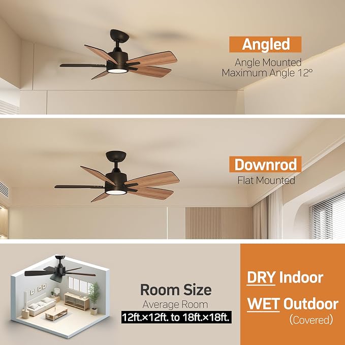 TALOYA 42 Inch Ceiling Fans with Lights Led Remote Control Low Profile Flush Mount for Bedroom Home Outdoor Patio Living Room,3 Color Temperatures,Dimmable,DC Motor,Reversible,5 Blades,Black