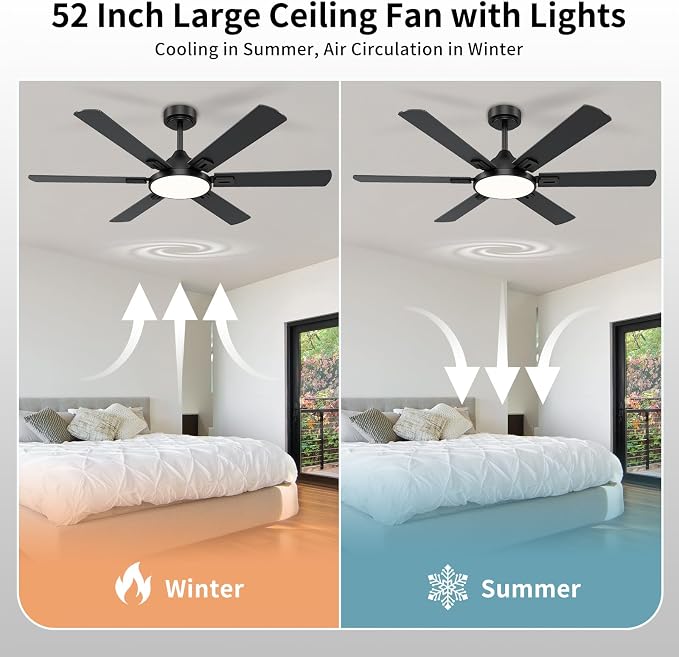 52 Inch Ceiling Fans with Lights, 6 Wooden Blades, Black | Remote Control, Reversible Quiet DC Motor, 6-Speed, 3CCT Dimmable LED, Timer for Living Room, Bedroom, Office