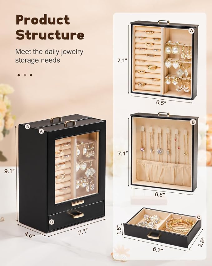 Homde Display Jewelry Box for Girls: Starter Organizer with Clear Window | Vertical Drawers for Earrings Rings Necklaces - Compact Footprint Fits Small Vanities - Birthday&Graduation Gift for Teens