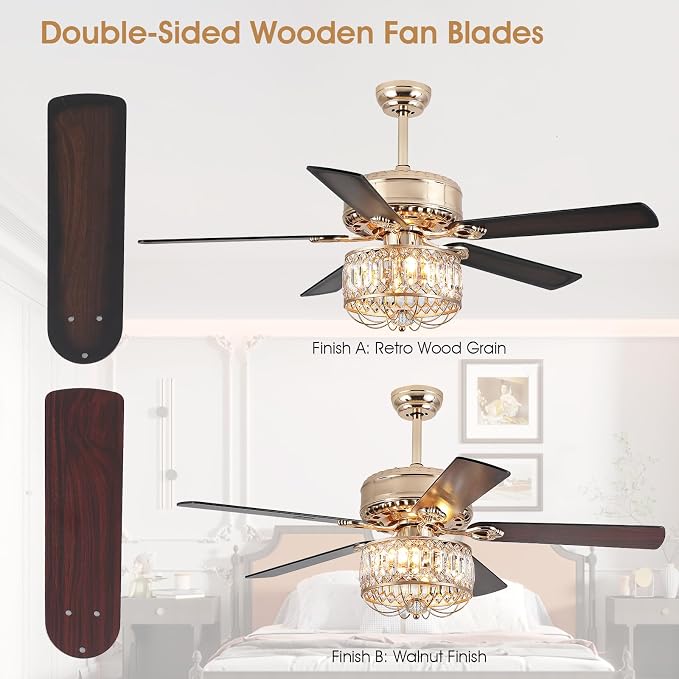 Kviflon Farmhouse Crystal Ceiling Fans with Lights and Remote, 52 Inch Chandelier Ceiling Fans, Gold Fandelier Ceiling Fan for Bedroom Living Room, Quiet DC Motor, Reversible, Bulb not Included
