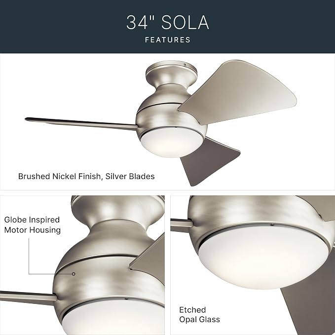 Kichler Sola 34" LED Indoor Outdoor Ceiling Fan in Brushed Nickel, 3-Blade, 3000K, (34" W x 11" H), 330150NI