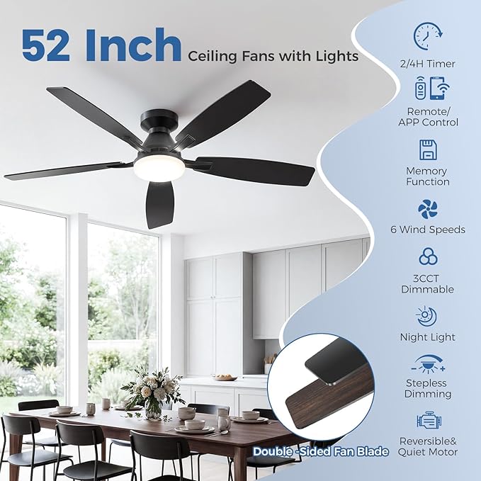 52 Inch Ceiling Fans with Lights, App & Remote Control, Quiet Reversible DC Motor, 6 Speeds, Dimmable 3CCT LED Light, Low Profile Flush Mount Ceiling Fan for Bedroom Living Room, Black