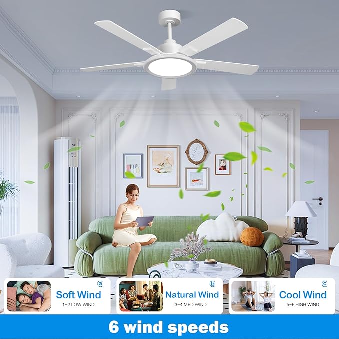 52" Ceiling Fans with Lights,Bluetooth Ceiling Fan with Speaker,6-Speed Reversible Motor,Full-Spectrum Adjustable Lighting,Edge Ambient Lights,Low Profile Ceiling Fan with Light and Remote/App Control