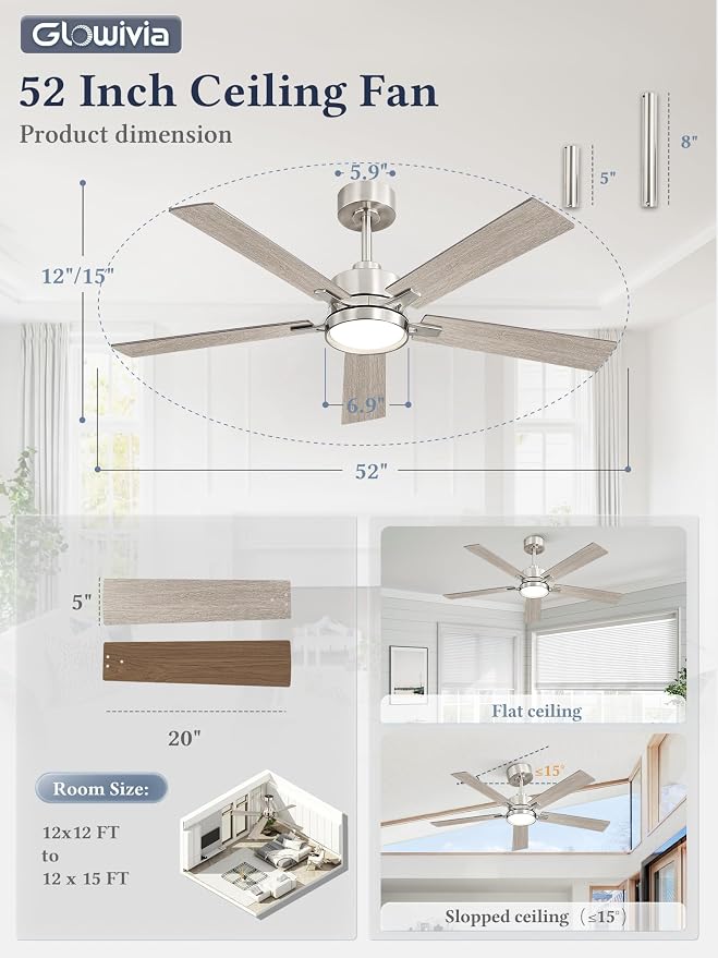 52 Inch Ceiling Fan with Lights and Remote, Smart APP Control, Dimmable with All-Setting Memory, Quiet DC Motor Reversible Blades, Damp Rated Modern Ceiling Fan for Bedroom Patio Living Room