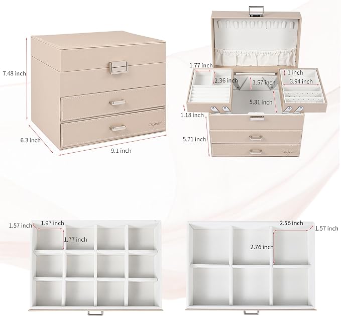 Dajasan Jewelry Organizer Box, Large Jewelry Boxes for Women Girls, Space-Saving 4 Layers Jewelry Storage Case with Drawer, Movable Metal Stand, Modern, Gift Idea (Champagne + Silver)