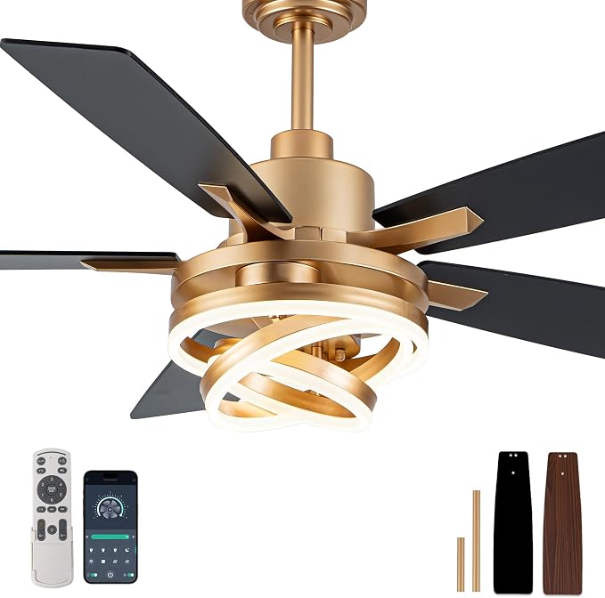 Bella Depot 52 Inch Gold Ceiling Fan Modern Chandelier Ceiling Fan with Dimmable Light, 6-Speed, Reversible, Timing Option - Ideal for Bedroom Living Room