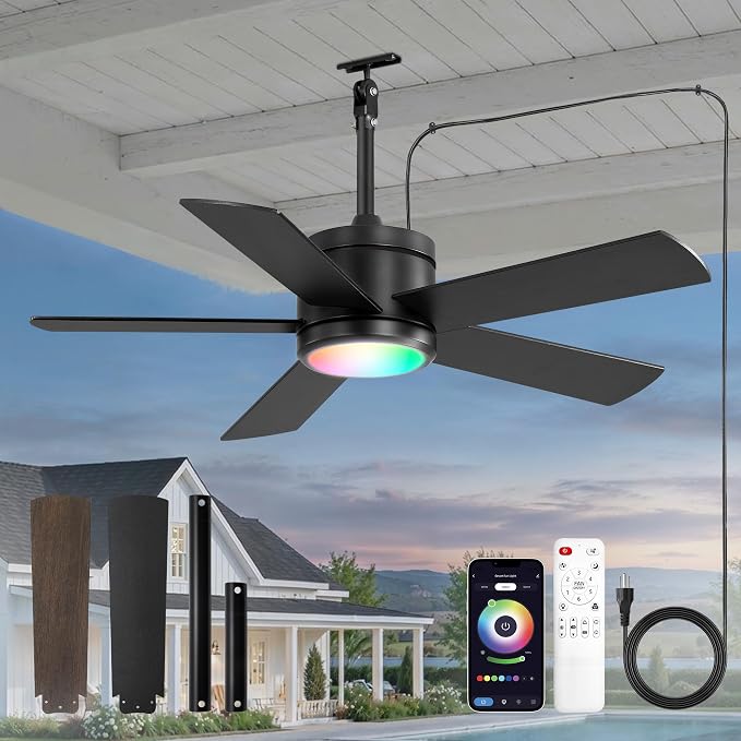 Fanbulous 42" Outdoor Ceiling Fans with Lights, APP Remote Control, IP65 Waterproof, RGB Dimmable Light, Plug-and Play,10FT Cord, 6-Speeds, 3CCT, Hook Hanging Fan for Gazebo Patio Porch Canopy(Black)