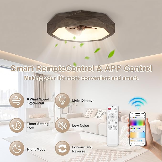 RGB Ceiling Fans with Lights and Remote, Modern Smart LED Ceiling Fans Light, 6 Speeds & 3000K-6500K Dimmable, Quiet Bladeless Fandelier Ceiling Fan with Light for Bedroom (22In,Walnut Wood)