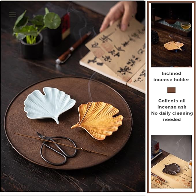 Ceramic Incense Holder,Incense Burner Tray for Sticks,Coil,Cone,Handcrafted Burner Ash Catcher for Yoga Meditation Energy Cleansing Room Décor (Orange, Ginkgo Leaf & Gourd)