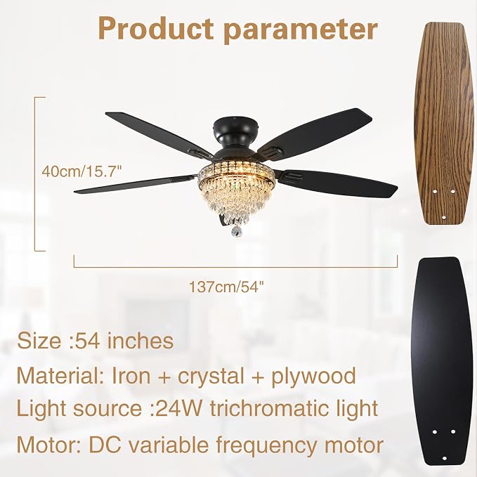 Crystal Ceiling Fan Fandelier with Lights-Ceiling Fans with Lights,54" Low Profile and Remote Control, Flush Mount, Reversible, Dimmable, Noiseless, Black Ceiling Fan for Bedroom