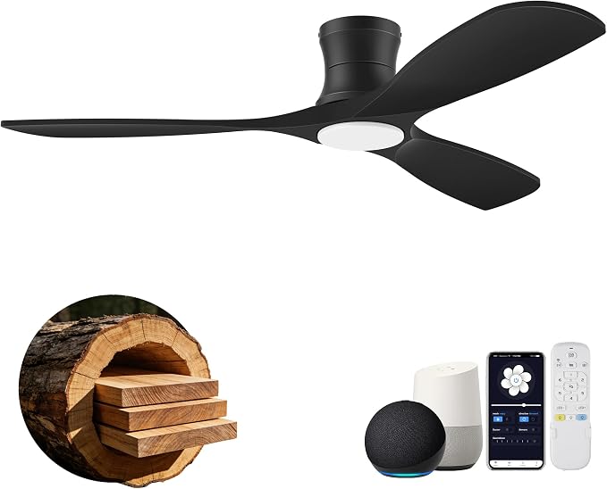 52” Smart Low Profile Ceiling Fans with Lights Remote,Wood Flush Mount Modern Ceiling Fan for Bedroom Living Room Patio,WIFI Alexa App Control,Outdoor Indoor Use,Matte Black,Ultra-Quiet,Dimmable LED