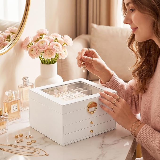 Jewelry Box - 3 Layer Jewelry Organizers and Storage with Clear Lid & 2 Drawers,Jewelry Boxes for Women, Watch Necklace Ring Earring Storage Gift Case, Cloud White | Jewelry Boxes For Women – Velvet Lining, Tangle-Free Storage – Watch, Bracelet, Ring, ...
