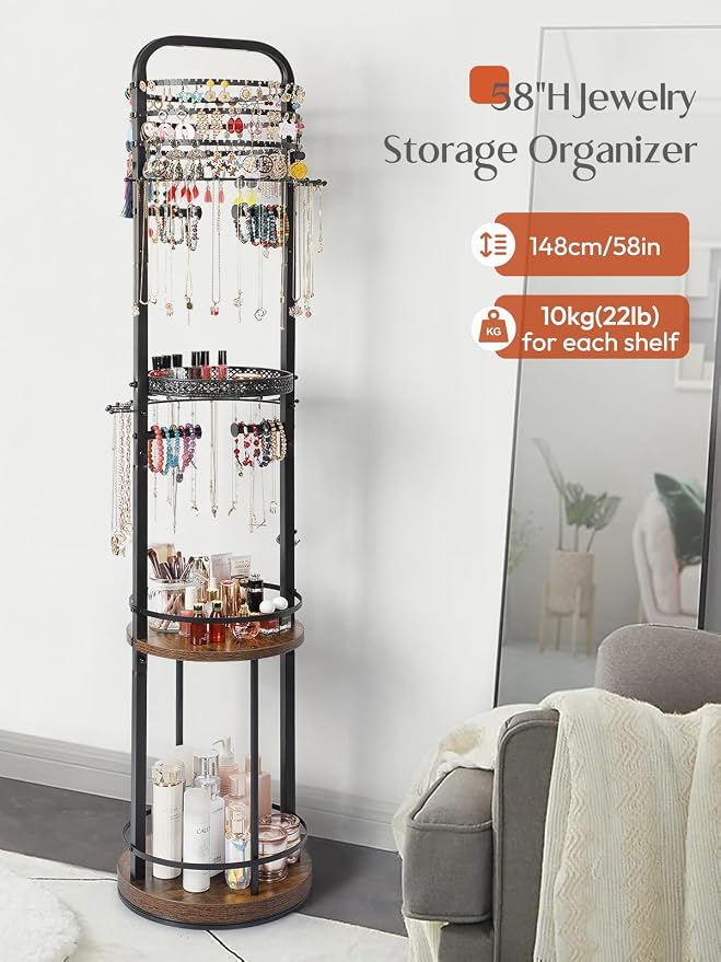 Jewelry Holder Organizer, Floor Jewelry Organizer with Earring Organizer Necklace Holder, Rotating Jewelry Stand Necklace Display Earring Storage, Large Hanging Jewelry Tree for Jewlery Bracelet Ring
