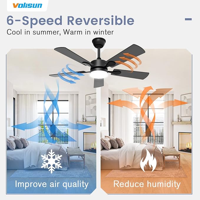 VOLISUN Ceiling Fan with Light, 42 inch Flush Mount Ceiling Fan with Lights and Remote, Dimmable LED Fan Light, Low Profile Ceiling Fan, Black Modern Ceiling Fan for Bedroom, Indoor/Outdoor