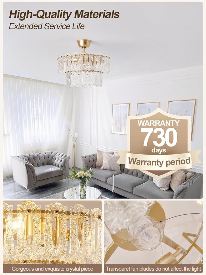 Gold Crystal Fandelier Ceiling Fan with Light, 20" Caged Chandelier Ceiling Fan with Light Remote Control, Mid-Century Enclosed 6 Speeds for Bedroom, Nursery, Living Room, Foyer