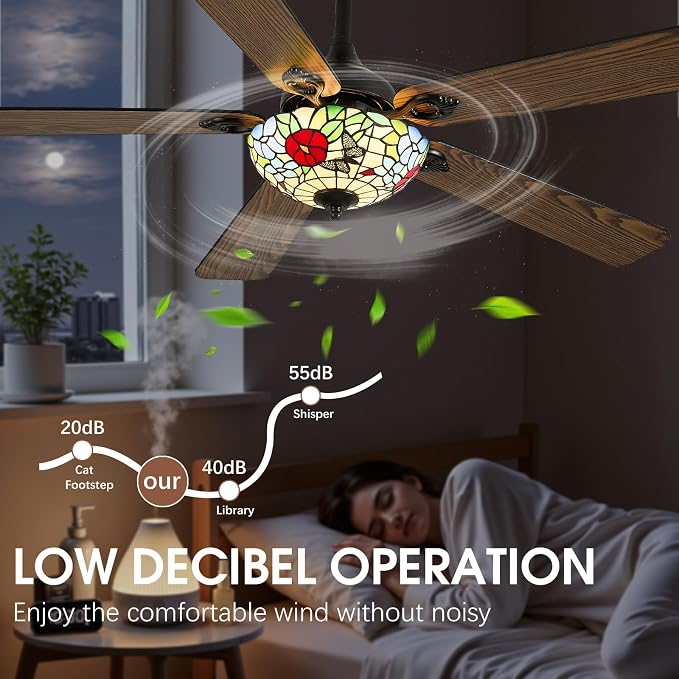 52" Tiffany Style Ceiling Fans with Lights, Vintage Chandelier Ceiling Fan with Stained Glass Shade, Dimmable LED, 6 Speeds Reversible for Bedroom (Butterfly Garden)