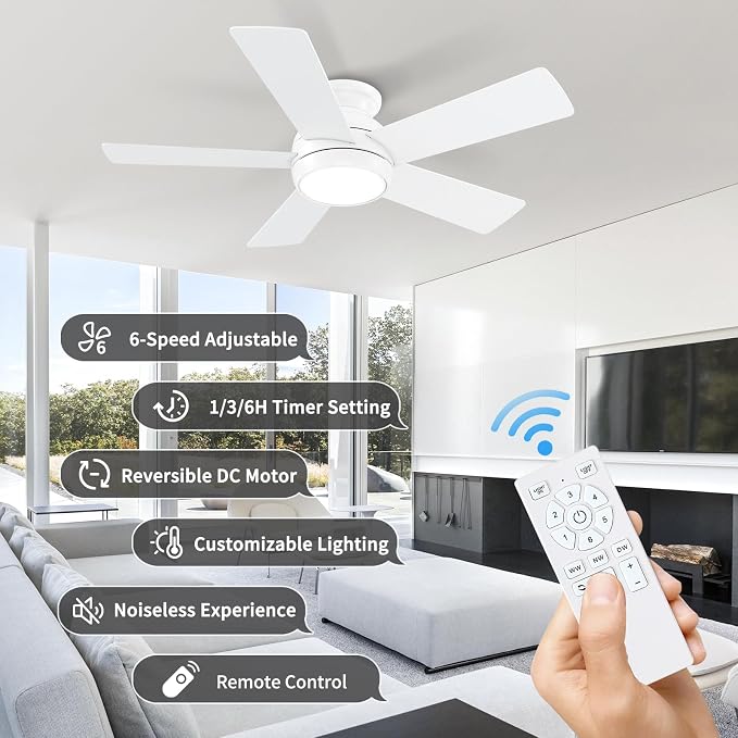 POCHFAN 42 Inch White Ceiling Fans with Lights and Remote, LED Low Profile Flush Mount Ceiling Fan for Bedroom, Living Room, Patio, Quiet DC Motor, 5 Blades