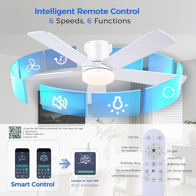 Ayaoty 48In Ceiling Fan with Light Flush Mount - White Low Profile Ceiling Fan Light with Remote/APP, 5 Reversible Dual-Sided Blades, Modern Fan Light for Indoor Bedroom, Covered Outdoor