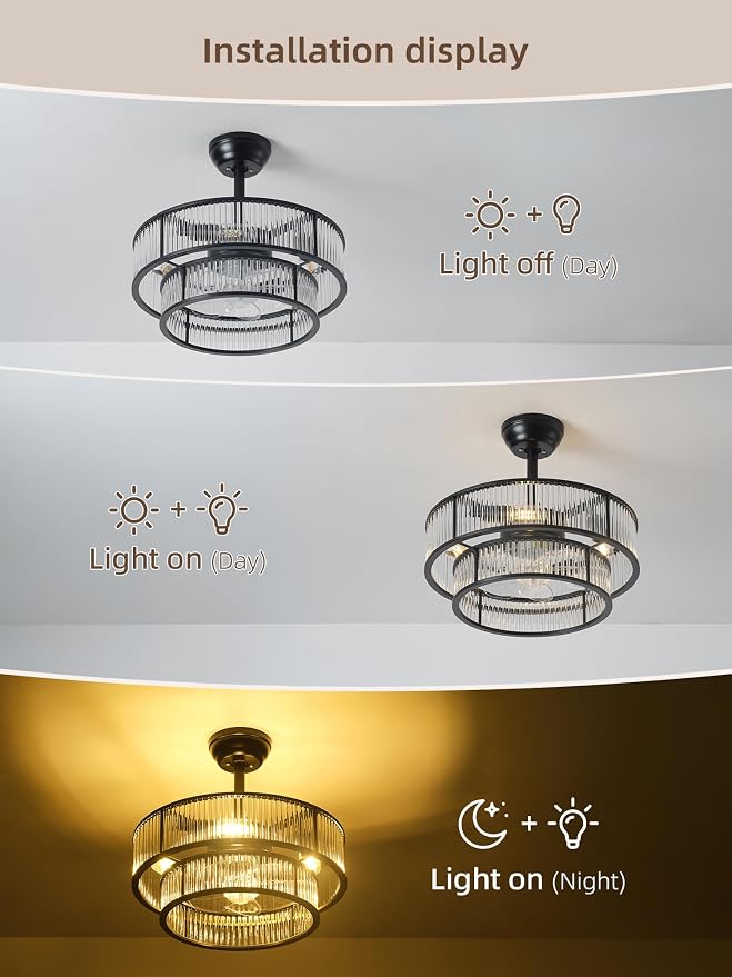 Black Fandelier Ceiling Fans with Lights, 20" Black Crystal Chandelier Ceiling Fan with Light Remote Control, Caged Mid Century with 6 Speeds for Bedroom, Living Room, Nursery