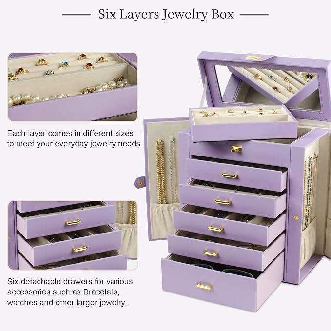 AKOZLIN 6-Tier Jewelry Box Organizer Functional 5 Drawers Leather Jewelry Storage Case for Women Girls Ring Necklace Earring Bracelet Holder Organizer with Mirror Violet Large