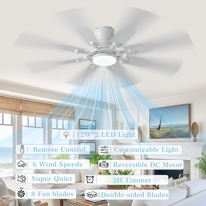 Ceiling Fans with Lights, 54 inch Low Profile Ceiling Fan with Light and Remote Control, Flush Mount Ceiling Fan for Bedroom, Living Room, Reversible, 3CCT, Dimmable, Noiseless DC Motor, White