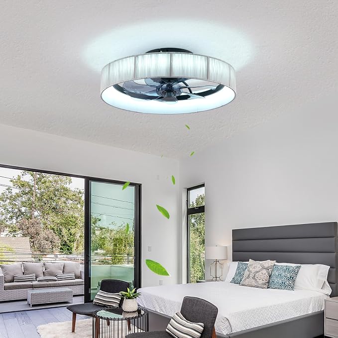 20" Flush Mount Caged Ceiling Fan with Lights, Low Profile Fandelier with Remote/App Control, 6 Speeds Dimmable LED Ceiling Fan, Fabric Farmhouse Style for Bedroom Kitchen Living Room