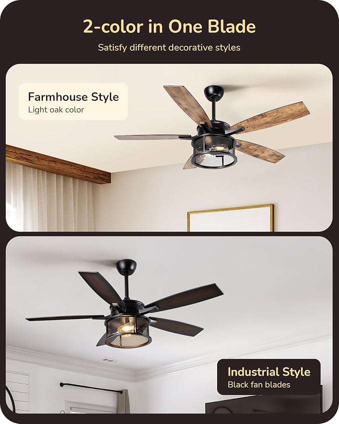 EDISHINE 52" Farmhouse Ceiling Fans with Lights and Remote, 10%-100% Dimmable, 5 Wooden Blades Lighting & Ceiling Fans with Timer, 6 Speeds Reversible DC Motor for Living Room Bedroom, Burnt Wood
