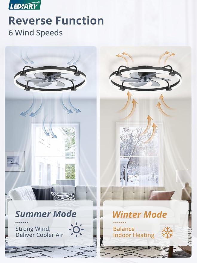 LEDIARY 26" Ceiling Fans with Lights and Remote, Low Profile Led Fan Light | Stepless Dimmable Fandelier, 6 Wind Speeds, Remote and APP Control, Flush Mount Ceiling Fan for Bedroom, Living Room, Black