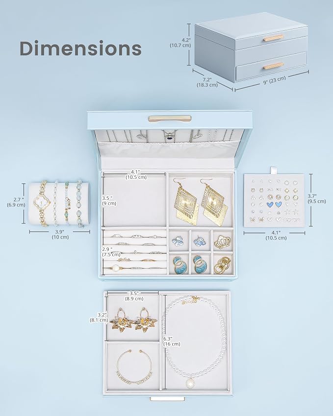Lolalet 2-Layer Jewelry Box Organizer Holder for Women Girls Mom -Blue | Jewelry Storage Case with Drawers for Necklaces Ring Earrings Bracelet Watch, Gifts Choice for Mom Mother’s Day