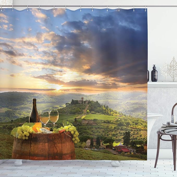 Ambesonne Winery Shower Curtain, Vineyard in Chianti Tuscany Italy Autumn Sunrise Dramatic Clouds, Cloth Fabric Bathroom Decor Set with Hooks, 69" W x 70" L, Lime Green