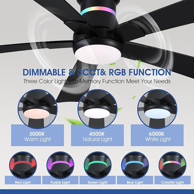 Surtime 52" Black Ceiling Fans with RGB Lights - Flush Mount Ceiling Fan Light with LED 3CCT Dimmable, Modern Low Profile Ceiling Fans for Indoor Party,Covered Outdoor