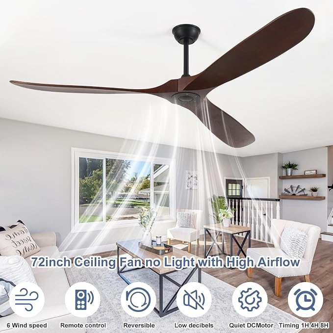 72inch Solid Wood Ceiling Fan no Light,Outdoor Ceiling Fan with Remote,DC Ceiling Fans with Large Airflow for Patios,Gazebos,Living Room,Farmhouse (dark walnut)