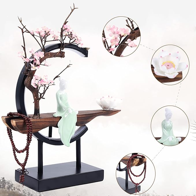 TFCFL Backflow Incense Holder with LED Light Ring, Chinese Style Handmade Flower Censer Incense Burner Home Decor Aromatherapy Ornament Incense Holders with Backflow