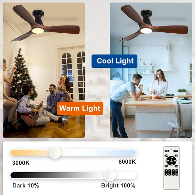 Depuley 42-Inch Ceiling Fans with Lights: Walnut 3 Blade Flush Mount Low Profile Ceiling Fan for Bedroom - Dimmable Indoor Outdoor Fan with Remote Control Ultra Quiet DC Motor Timer