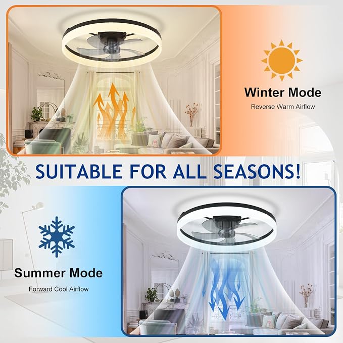 DLLT Bladeless Ceiling Fans with Lights: 24 Inch Modern Flush Mount Low Profile Ceiling Fan with APP Remote Control - Black Enclosed LED Fandelier Dimmable Quiet DC Motor for Bedroom Living Room