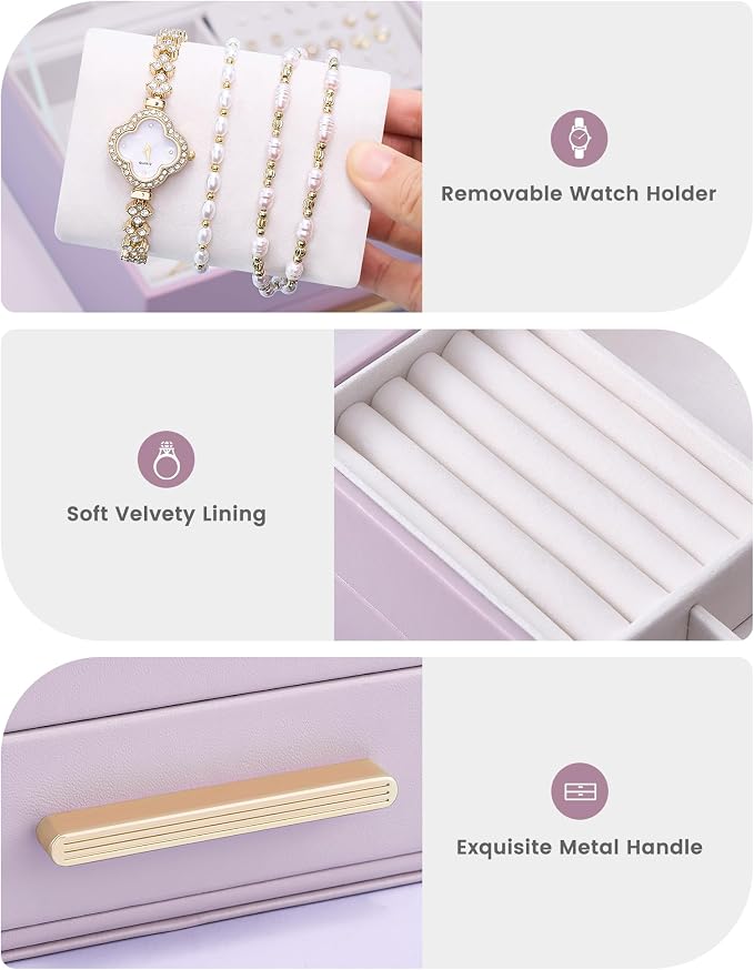 Lolalet 2-Layer Jewelry Box Organizer Holder for Women Girls Mom -Purple | Jewelry Storage Case with Drawers for Necklaces Ring Earrings Bracelet Watch, Gifts Choice for Mom Mother’s Day