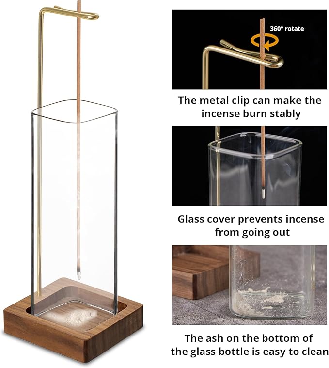 Incense Holder, Incense Holder for Sticks, Wood Insence-Stick Holder with Glass Ashes Collector, Anti-Ash Flying Incense Burner (SizeA)