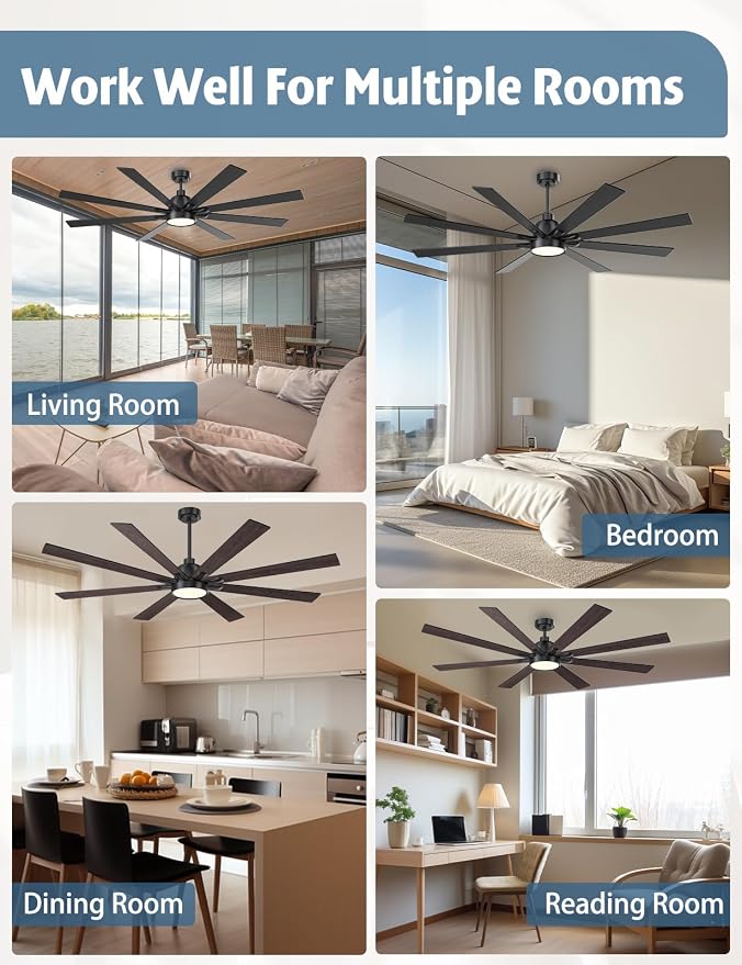62 Inch Large Ceiling Fans with Lights and Remote - Brown or Matte Black Ceiling Fan with light, Quiet DC Motor, 3 CCT, Dimmable Modern Indoor Outdoor Ceiling Fans for Patios Living Room