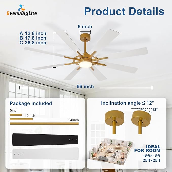Large Ceiling Fans with Lights: Modern 66 Inch 8 Blade Outdoor Ceiling Fan with Remote APP Control - Dimmable White Gold Big Fan light Indoor Reversible 6 Speed Quiet DC Motor