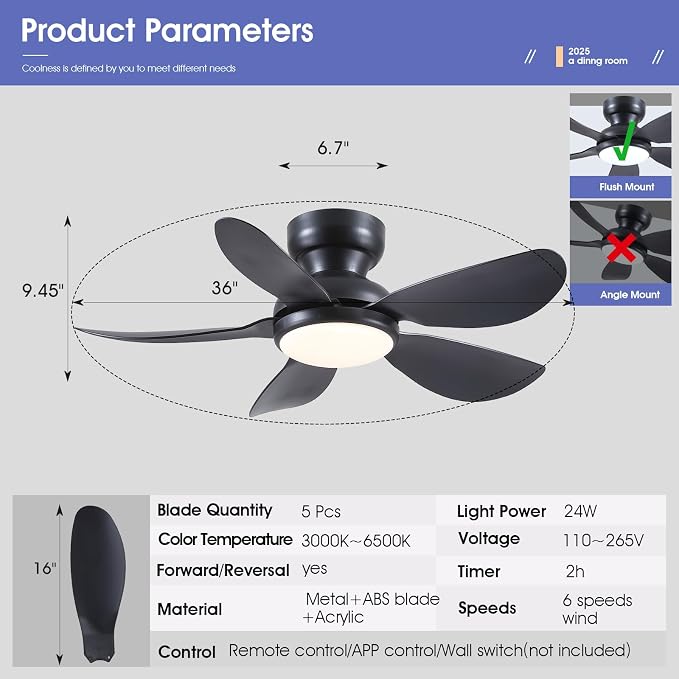 Kviflon 36 Inch Modern Ceiling Fans with Lights, Small Flush Mount Ceiling Fan, Remote/APP Control, 5 Reversible Curved Blades, 6 Speeds, 3 CCT Dimmable Lights for Kids Room Bedroom, Black