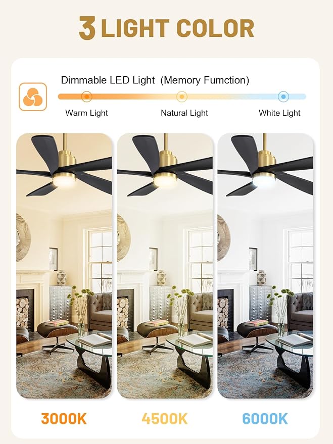 Sofucor Ceiling Fan with Lights and Remote, 52 Inch Modern Wood Ceiling Fan for Indoor Farmhouse Bedroom Living Room Outdoor Patio Porch (Gold+Black, 52 inch)