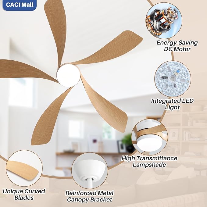 CACI Mall 52 inch Smart Ceiling Fan with Lights, Remote Control, Compatible with Alexa/Google/App, 5 Blades, Dimmable Lighting, Quiet, Indoor/Outdoor Ceiling Fans for Living Room, Bedroom, Patios